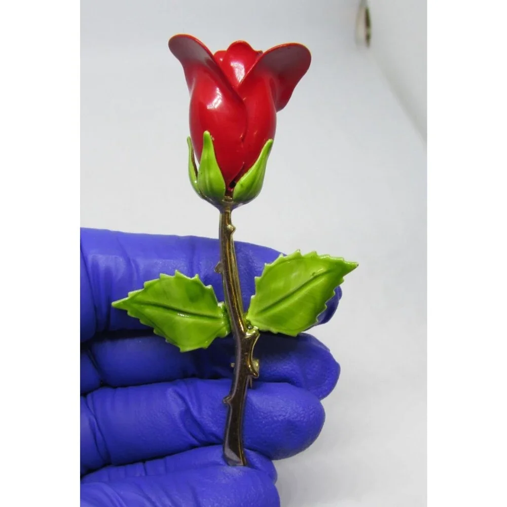Vintage Red Rose Enameled Brooch With Green Leaves On Gold Tone Stem 3 in